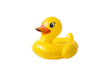 Front-facing yellow inflatable duck with bold, cartoonish features and rounded design, ideal for water activities or decoration, isolated on a transparent background