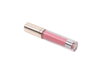 Glossy pink lip gloss in clear tube. Minimalistic, elegant packaging focuses on a shimmering cosmetic product designed for refined, everyday use, isolated on a transparent background