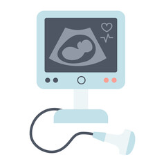 Ultrasound equipment with baby on the screen. Cartoon icon illustration in flat style.