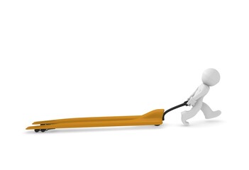 3d man with a long lifting cart on a white background