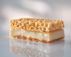 Macro image of a single elegant nougat bar with layers of wafers on a reflective white surface, detailed and illuminated for clarity.