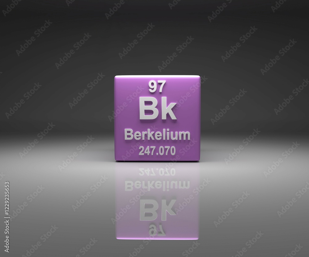 Poster cube with berkelium number 97 periodic table, 3d rendering