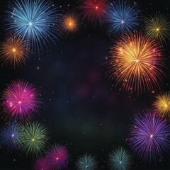 Naklejka premium Colorful fireworks bursting in a circle, framing the dark night sky in the center, AI generated