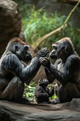 Obraz premium Gorilla family interacting in a lush forest
