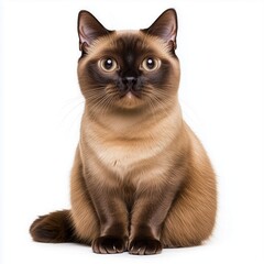 Charming Burmese cat poses gracefully against a white background showcasing its stunning brown coat and expressive eyes