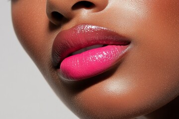 Close-up of glossy, vibrant pink lips showcasing flawless makeup and smooth, radiant skin texture.