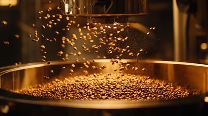 fresh batch of coffee beans being roasted in a large, shiny industrial roaster, with a warm, golden light illuminating the darkening beans as they spin