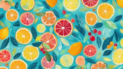A fresh fruit pattern featuring overlapping citrus slices, including lemons, oranges, and grapefruits, set on a cool turquoise background