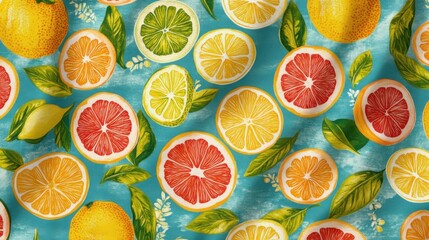 A fresh fruit pattern featuring overlapping citrus slices, including lemons, oranges, and grapefruits, set on a cool turquoise background