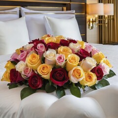 Luxurious bedroom with a vibrant bouquet of roses on a neatly made bed, creating a romantic and cozy atmosphere, AI generated
