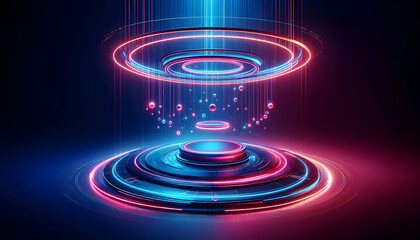 Background Technology A deep blue and pink background with a glowing, suspended circular platform, encircled by neon rings3