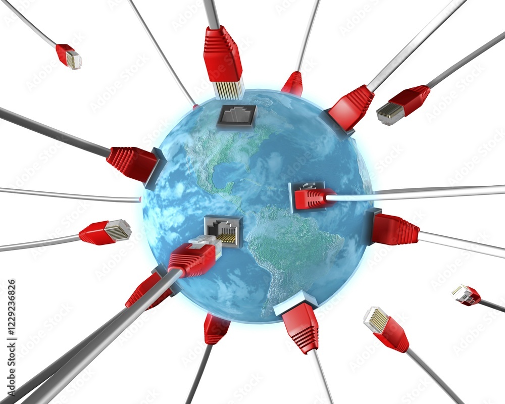 Aufkleber conceptual 3d illustration of network cable connectors plugging into a blue earth globe with sockets