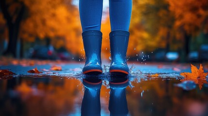 Child in blue rain boots splashing in autumn puddle with fallen leaves
