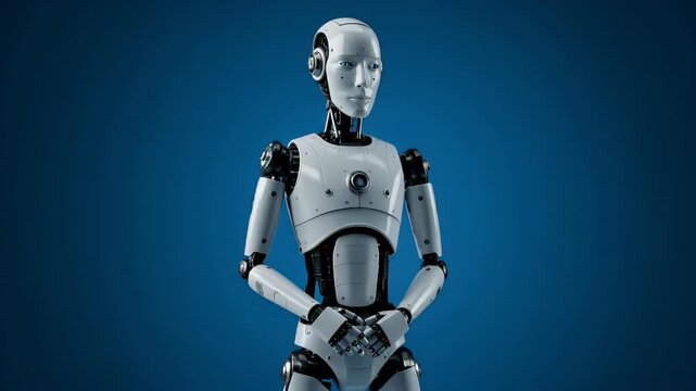 Still black and white humanoid robot staring straight ahead while the camera pans around it on a blue background