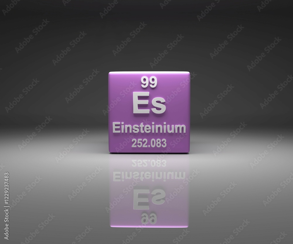 Poster cube with einsteinium number 99 periodic table, 3d rendering
