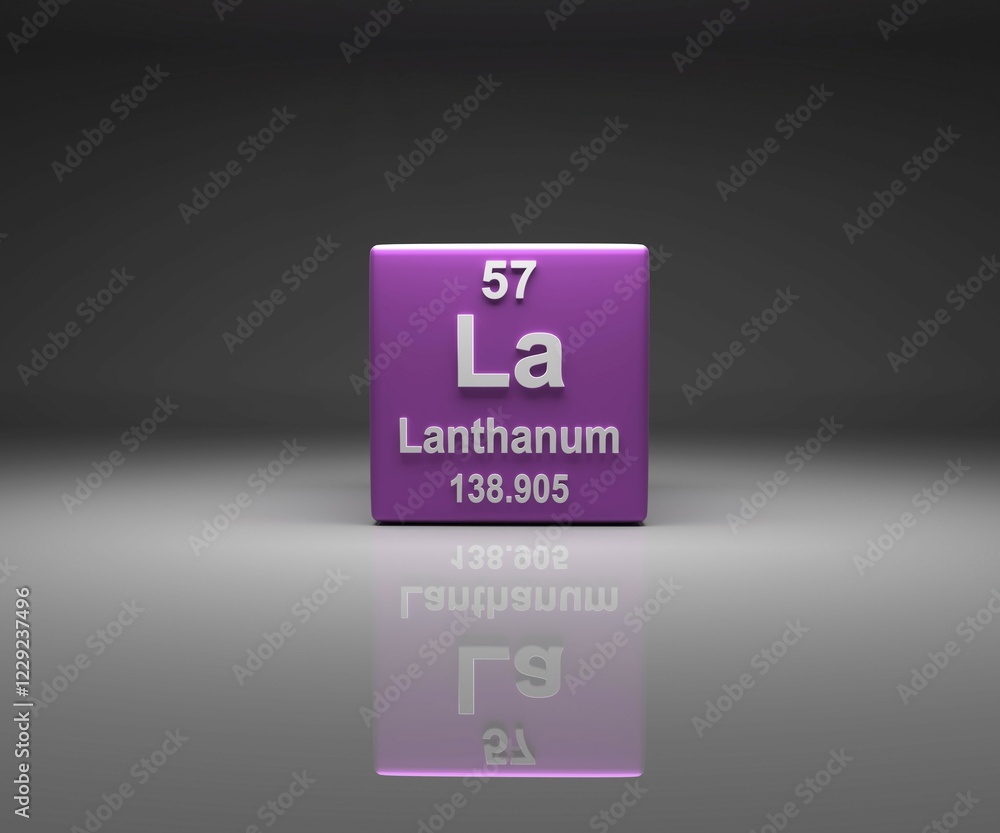 Poster cube with lanthanum number 57 periodic table, 3d rendering