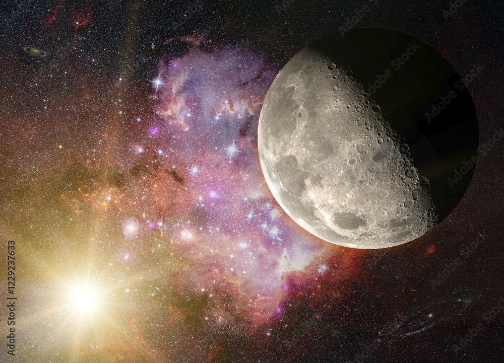 Poster fantasy composition with the moon in a starry sky. the planet saturn and the andromeda galaxy appear