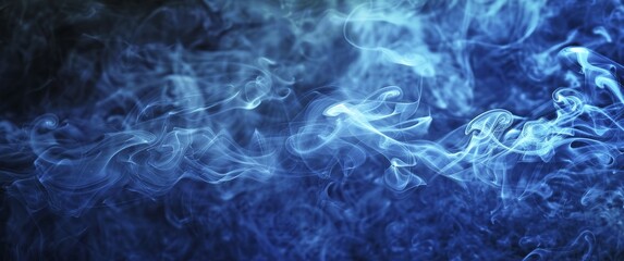 Obraz premium Dense and misty blue smoke flows dreamily across a dark backdrop, AI generated