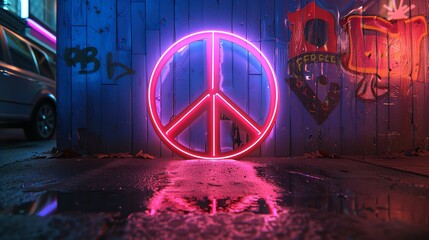 A glowing pink peace sign on a brick wall.