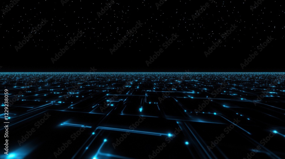 Aufkleber futuristic technology background with glowing blue circuits and data streams across a black surface.