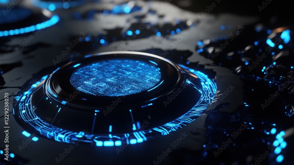 Poster futuristic technology background with glowing blue circuits and data streams across a black surface.