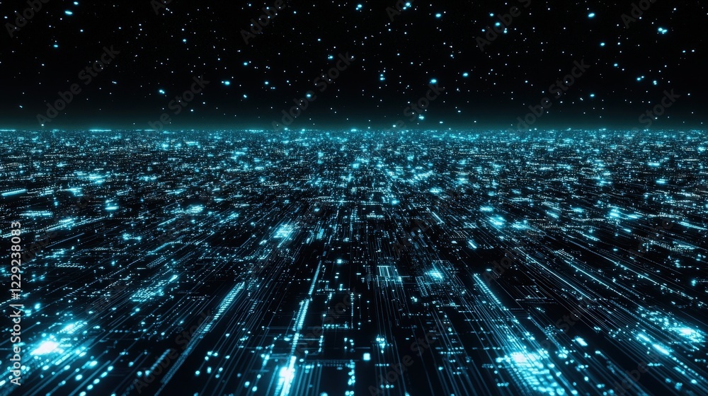 Aufkleber futuristic technology background with glowing blue circuits and data streams across a black surface.