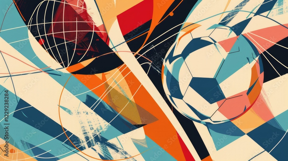 Poster abstract orange, black, and white swirling patterns with soccer floating in the air. background imag