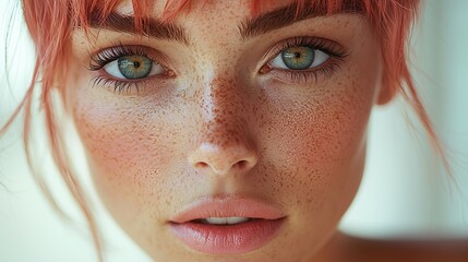 Fototapeta premium A detailed portrait capturing a woman's freckled face and striking green eyes, framed by vibrant red hair.