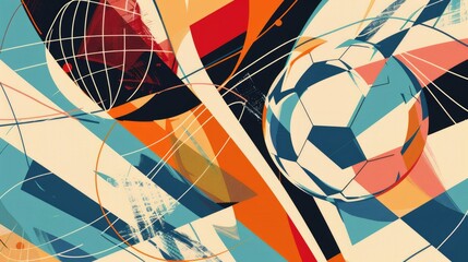 Fototapeta premium Abstract orange, black, and white swirling patterns with soccer floating in the air. Background image of digital wave with football ball floating. Digital art for vibrant and modern design. AIG51.