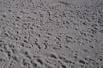 Random and irregular human footprints on the sand at the beach. people walking on the beach