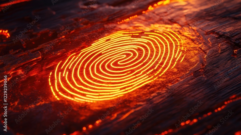 Poster a glowing fingerprint symbol on a digital interface, representing security technology