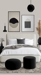 Contemporary bedroom featuring minimalist decor, abstract wall art, neutral tones, and black accents for a sleek and stylish look.