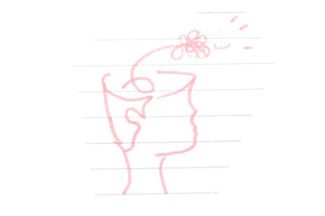 Pink pencil drawing with ideas about mental health and psychotherapy.