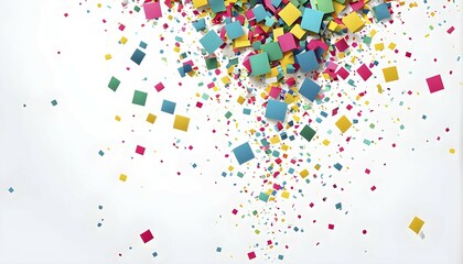 Abstract New Years Eve confetti explosion, with minimalist colored squares and circles falling through an empty white background, AI generated