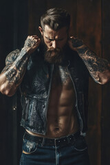 Obraz premium Photo of a shaded male muscular bearded biker putting on leather vest