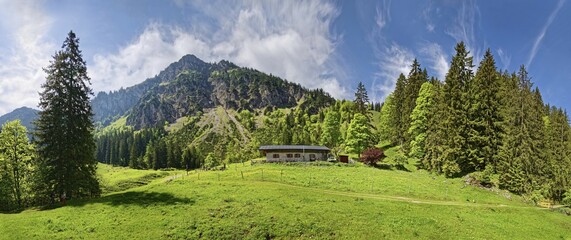 Alpine pasture with alpine chalet near Hochgern mountain range, Staudachalm, Marquartstein, Bavaria, Germany, Europe