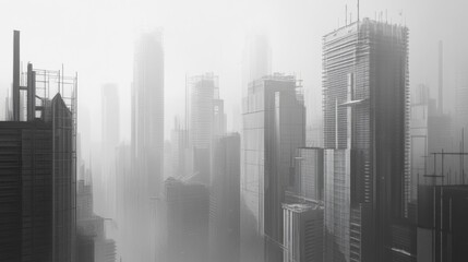 Foggy cityscape, skyscrapers in monochrome.