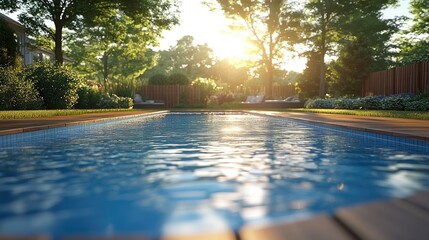Tranquil backyard pool at sunset with lush greenery and sunlit trees