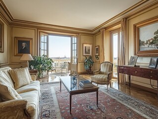 Fototapeta premium Luxurious apartment living room, sea view, balcony, classic decor, real estate