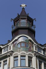 Art Nouveau house with Chinese tower, historical coffee house Riquet, Leipzig, Saxony, Germany, Europe