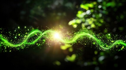 energy efficiency carbon performance concept. A vibrant green wave of light sparkles in a dark, lush environment, creating a magical and enchanting atmosphere.