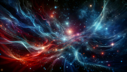 Fototapeta premium Background Technology An ethereal cosmic scene with intermingling blue and red waves of light particles, set against a dar1