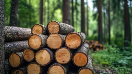 Sustainable forestry practices displayed through stacked logs in a lush green forest