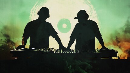 DJs performing at a vibrant music event with dynamic visuals at night