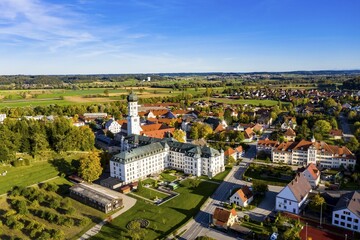 Aerial view, monastery church and monastery Ursberg, Ursberg, Bavaria, Germany, Europe