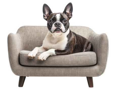 Boston Terrier sitting on cozy sofa, alert and loving, exuding warmth and charm. This adorable dog adds delightful touch to any living space