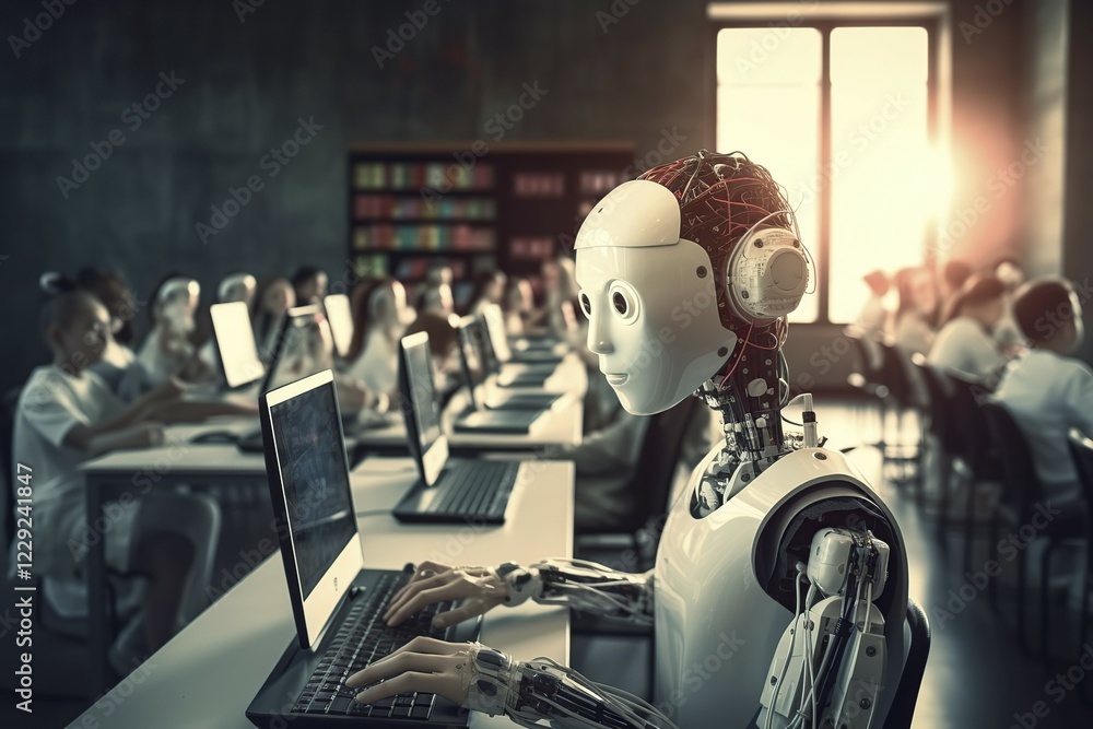 Poster a humanoid ai robot works and learns in a school class on a notebook, human students in the back, ai