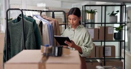 Woman, tablet and inventory check at clothing store, online and update digital stock for business....