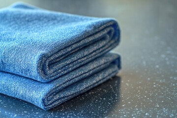 A stack of blue towels sitting on a table, perfect for use in still life photography or as a decorative element in interior design