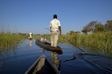 Tourists in a mokoro or dugout boat on safari in swamp area, Gomoti Plains Camp, Gomoti Concession...